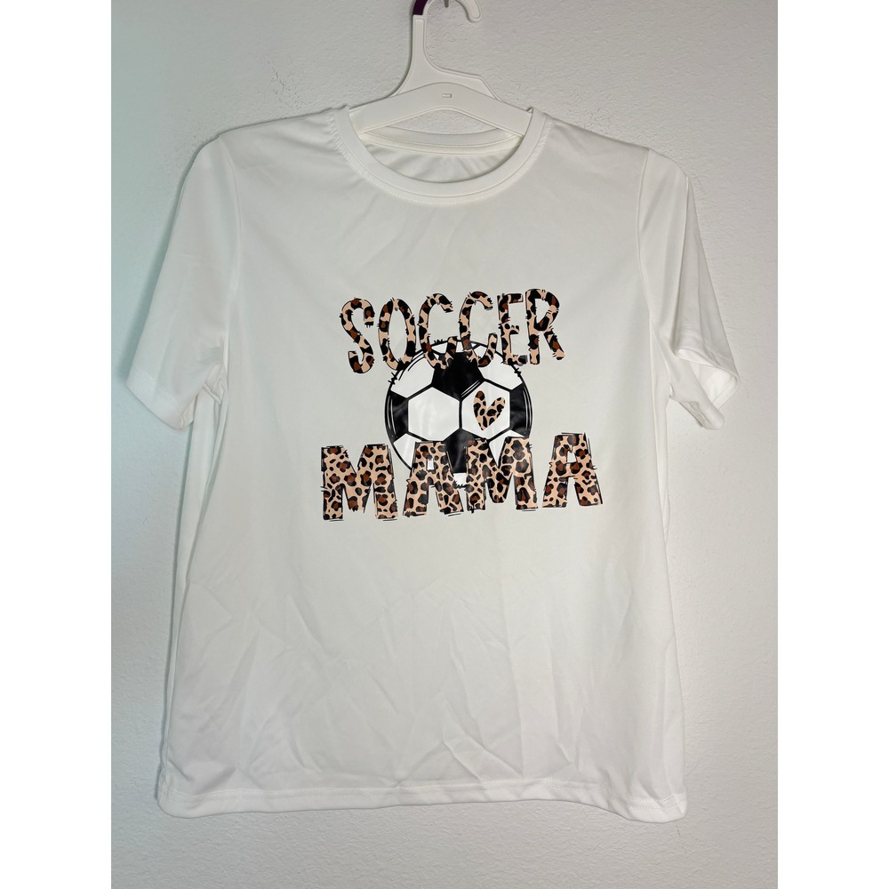 Shein Soccer Mama Leopard Print Graphic Tee White Short Sleeve Large